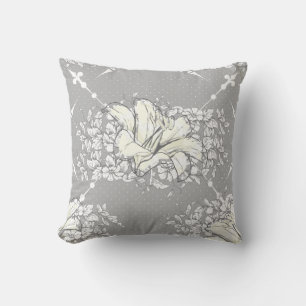 Coussin Vintage Blanc & Gris Fleur de Lis Motif Floral
