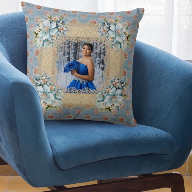 Coussin Vintage bleu Damas Quinceañera Mémoire (Créateur téléchargé)