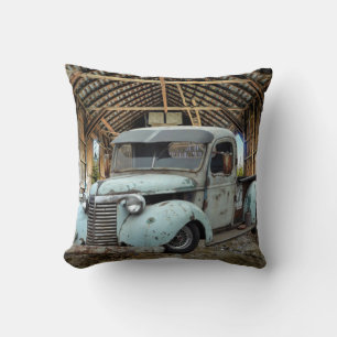 Coussin Vintage Blue Truck Rustic Grange