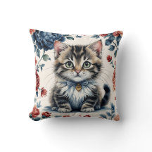 Coussin Vintage Chaton et Fleurs