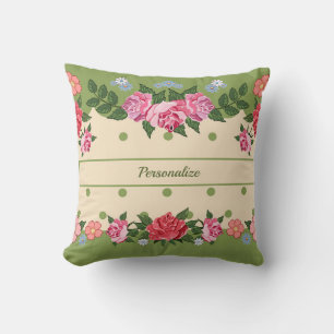 Coussin Vintage Chic Fleur Rose Jardin Vert Foliing