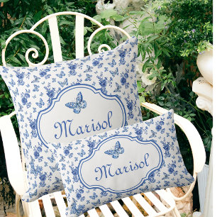 Coussin Vintage Chinoiserie Bleu Blanc Papillons Fleurs