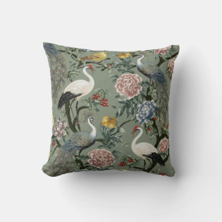 Coussin Vintage Chinoiserie Peacock and Crane Floral