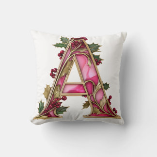 Coussin Vintage Christmas Pink Gold Holly Monogram A