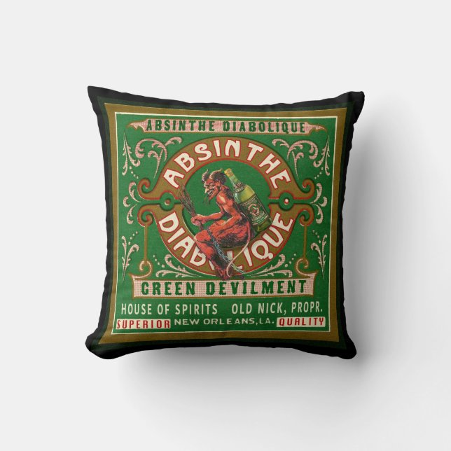 Coussin vintage de noir d'étiquette d'absinthe (Recto)