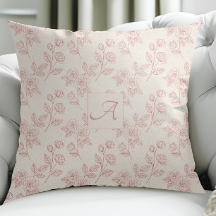 Coussin Vintage Élégant Rouge Rose Papier Chintz Monogramm