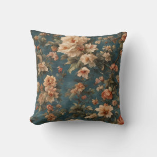 Coussin Vintage Exquis Blanc et Fleurs Rouges Corail Luxur