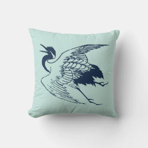 Coussin Vintage Japanese Drawing of a Crane in Blue