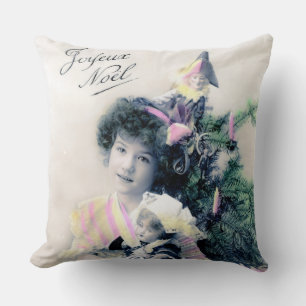 Coussin Vintage Joyeux Noël avec fille et poupée