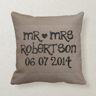 Coussin Vintage M. et Mme burlap mariage lancer l'oreiller