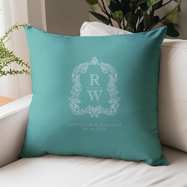Coussin Vintage Monogram Crest Names Turquoise Wedding (Créateur téléchargé)