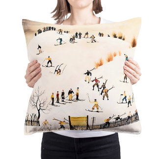 Coussin Vintage Skiers Art, Winter Landscape Painting