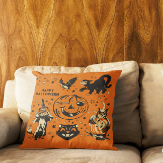 Coussin Vintage Style Halloween Graphics Orange and Black