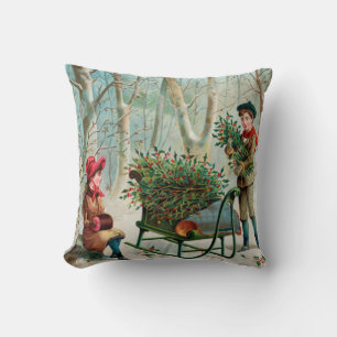 Coussin vintage, victorien, rustique, noël, motif, fille 