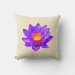 Coussin Violet Lotus Fleur sur Champagne Léger Beige