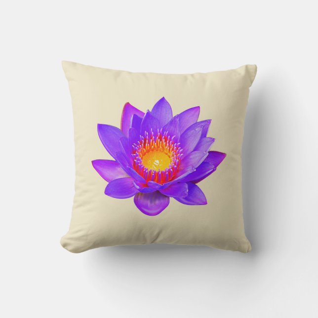 Coussin Violet Lotus Fleur sur Champagne Léger Beige (Recto)