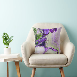 Coussin Violet vert brillant Marbre coloré Fluide Abstrait