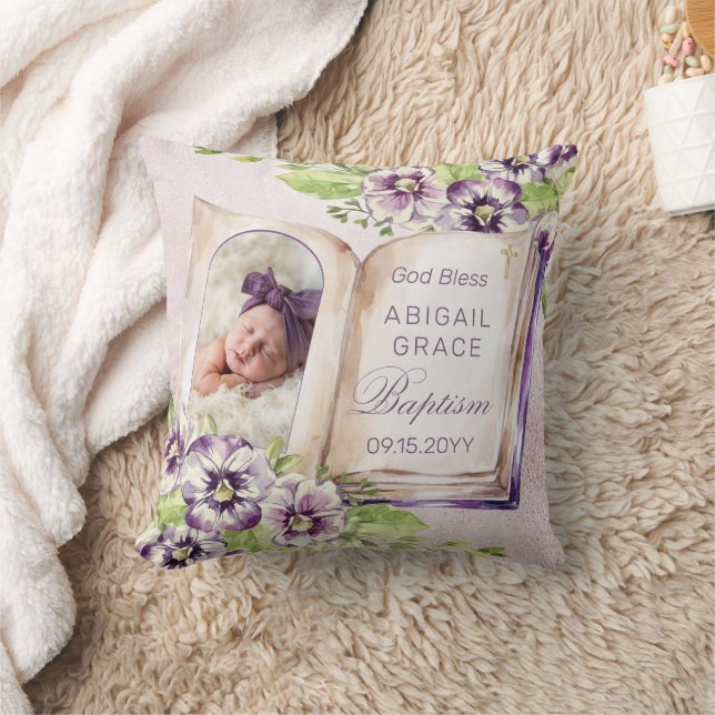 Coussin Violet violet Arché Photo unique Baptême Keepsaké (Couverture)