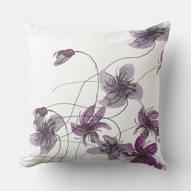 Coussin Violets sauvages Boho Floral Aquarelle peinte à la (Recto)