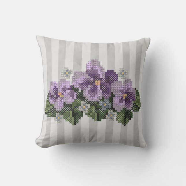 Coussin Violettes croisées pourpres de point sur le gris (Recto)