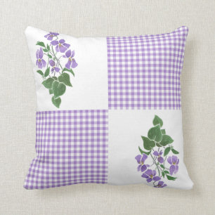 Coussin Violettes peintes à la main sur le guingan blanc