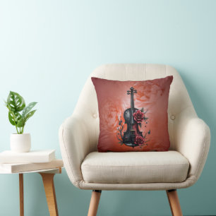 Coussin Violon noir gothique aux roses rouges