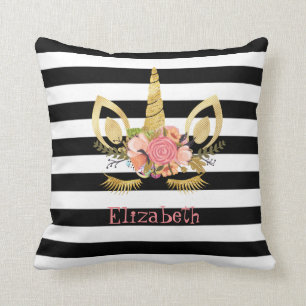 Coussin Visage de licorne, rayures noires et blanches Pers