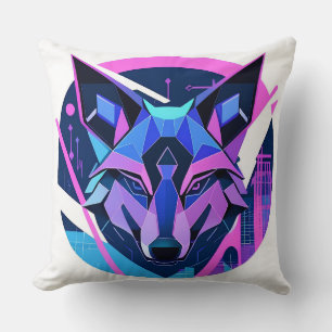 Coussin Visage de loup néon futuriste dans l'art géométriq