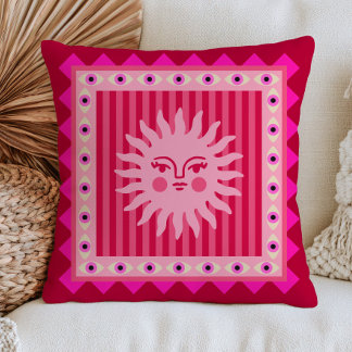 Coussin Visage de soleil bohème rose sur rayures Yeux méch