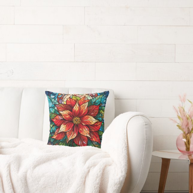 Coussin Vitraux de Noël Fleur rouge Poinsettia (Canapé)