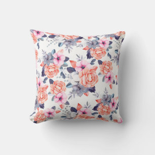 Coussin Vivant corail rose violet aquarelle jetée florale 