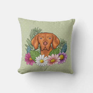 Coussin Vizsla Hongroise Et Fleurs D'Été Colorées Vert