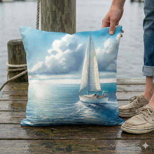 Coussin Voilier Solitaire à l'Horizon Bleu