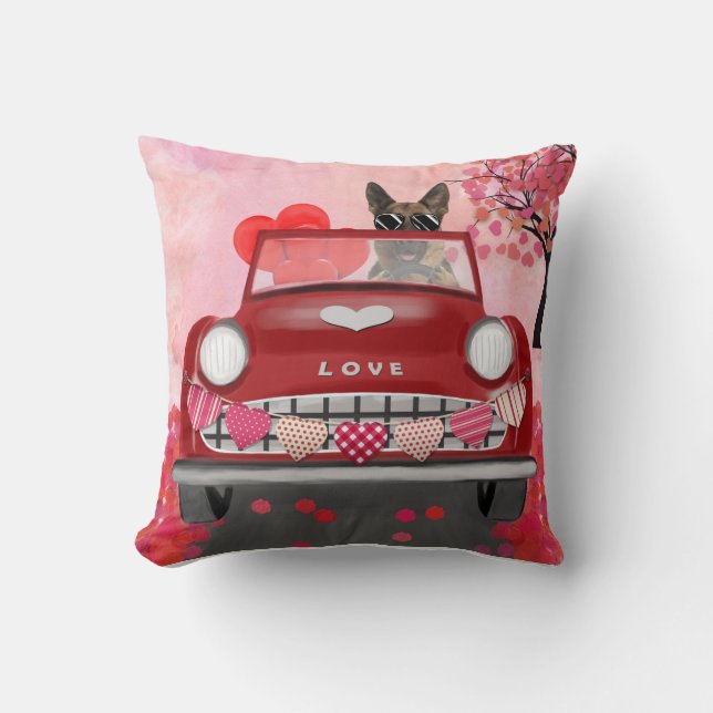 Coussin Voiture berger allemande avec les coeurs Valentine (Recto)