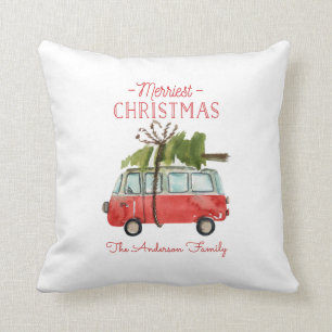 Coussin voiture d'aquarelle de noël la plus joyeuse