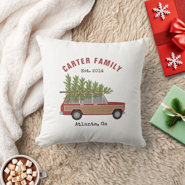 Coussin Voiture de Noël Arbre Rouge Famille Rouge (Créateur téléchargé)