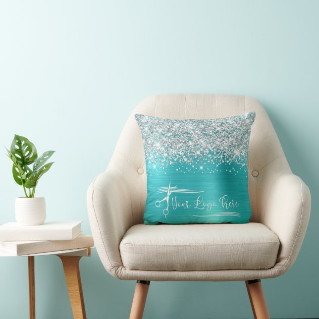 Coussin Votre logo Parties scintillant Argent Bleu Turquoi (Chaise)