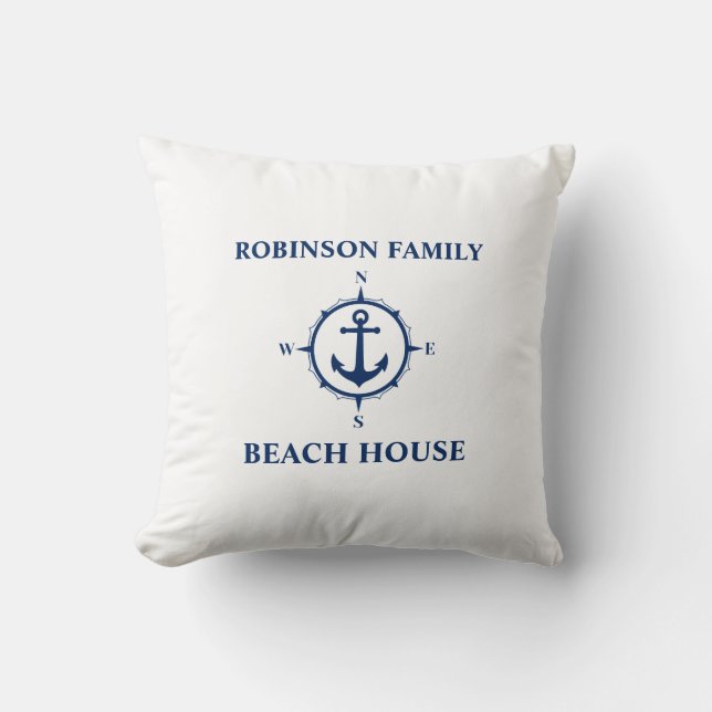 Coussin Votre nom Beach House Compass Ancre Blanc (Recto)
