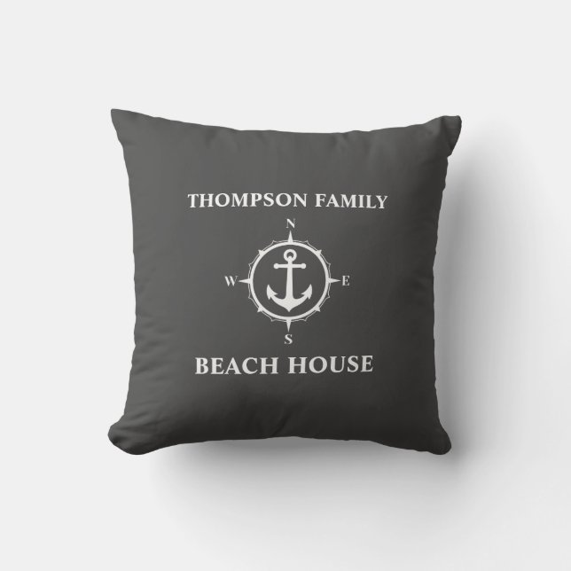 Coussin Votre nom Beach House Compass Ancre Gris (Recto)