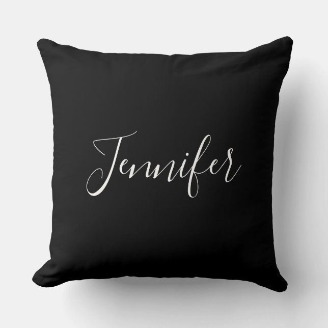 Coussin Votre nom | Élégant script blanc sur noir (Recto)