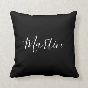 Coussin Votre nom Élégant script blanc sur noir