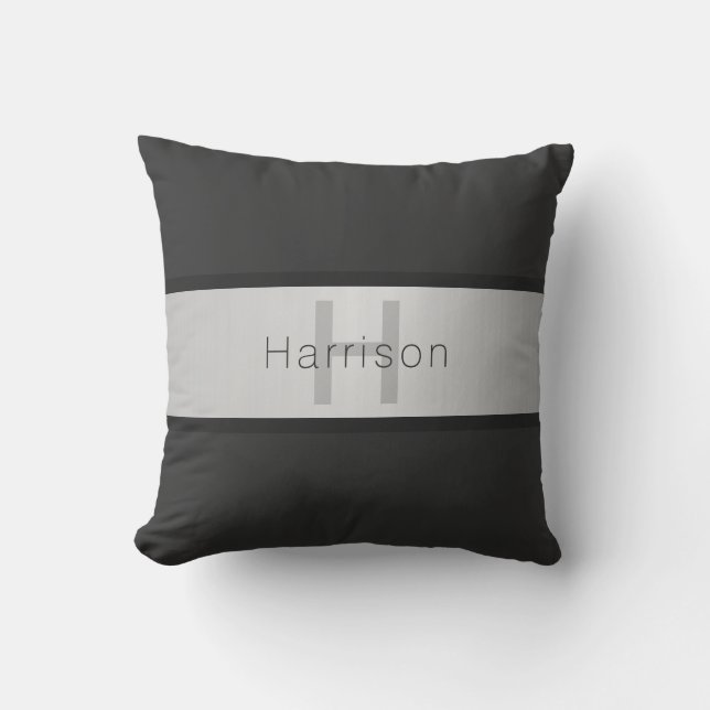 Coussin Votre nom et votre monogramme | Gris & Faux Silver (Recto)