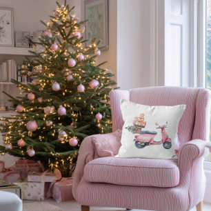 Coussin Voyage de shopping de Noël en scooter rose