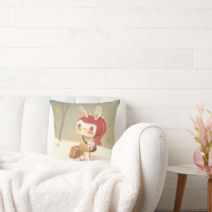 Coussin Voyage en forêt : Fille lapin avec valise vintage