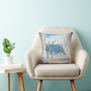 Coussin Vue sur l'océan dans une fenêtre de chambre