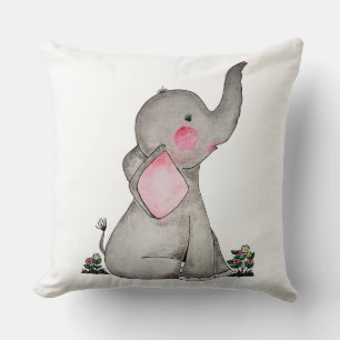 Coussin Watercolor Cute Baby Elephant With Blush & Flowers