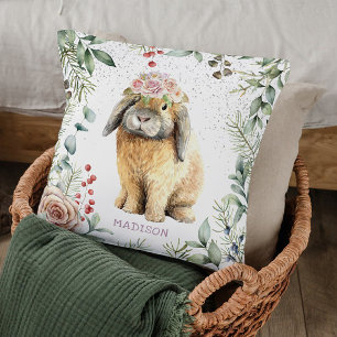 Coussin Watercolor Floral Bunny Rabbit Personalized