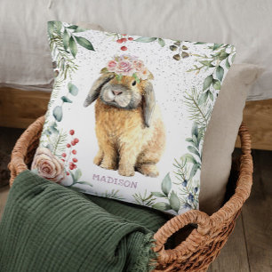 Coussin Watercolor Floral Bunny Rabbit Personalized
