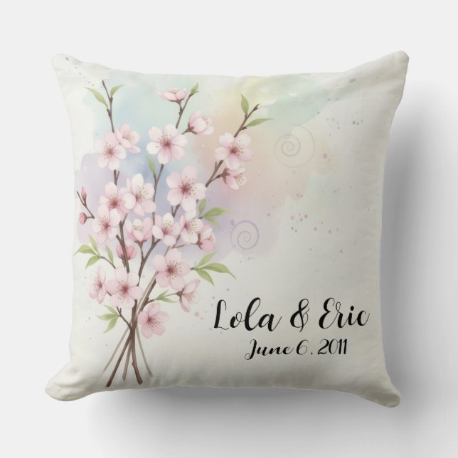 Coussin Watercolor Japanese Cherry Blossom Throw Pillow (Recto)