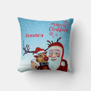Coussin Watercolor Magical Santa Claus Smiling Rudolph